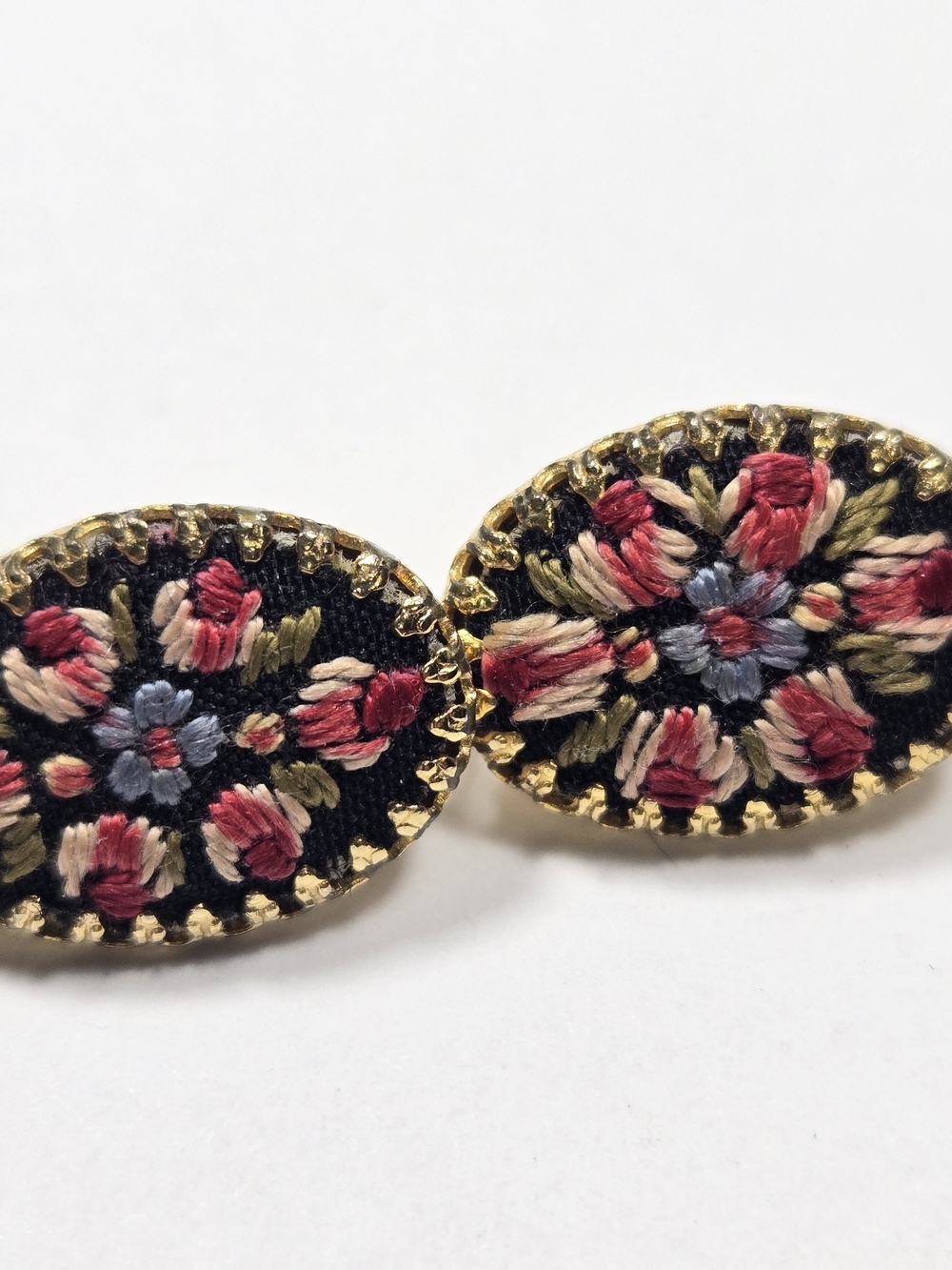 Vintage Petite Point Floral Embroidered Oval Clip On Earrings in Black and Gold - Picture 9 of 9